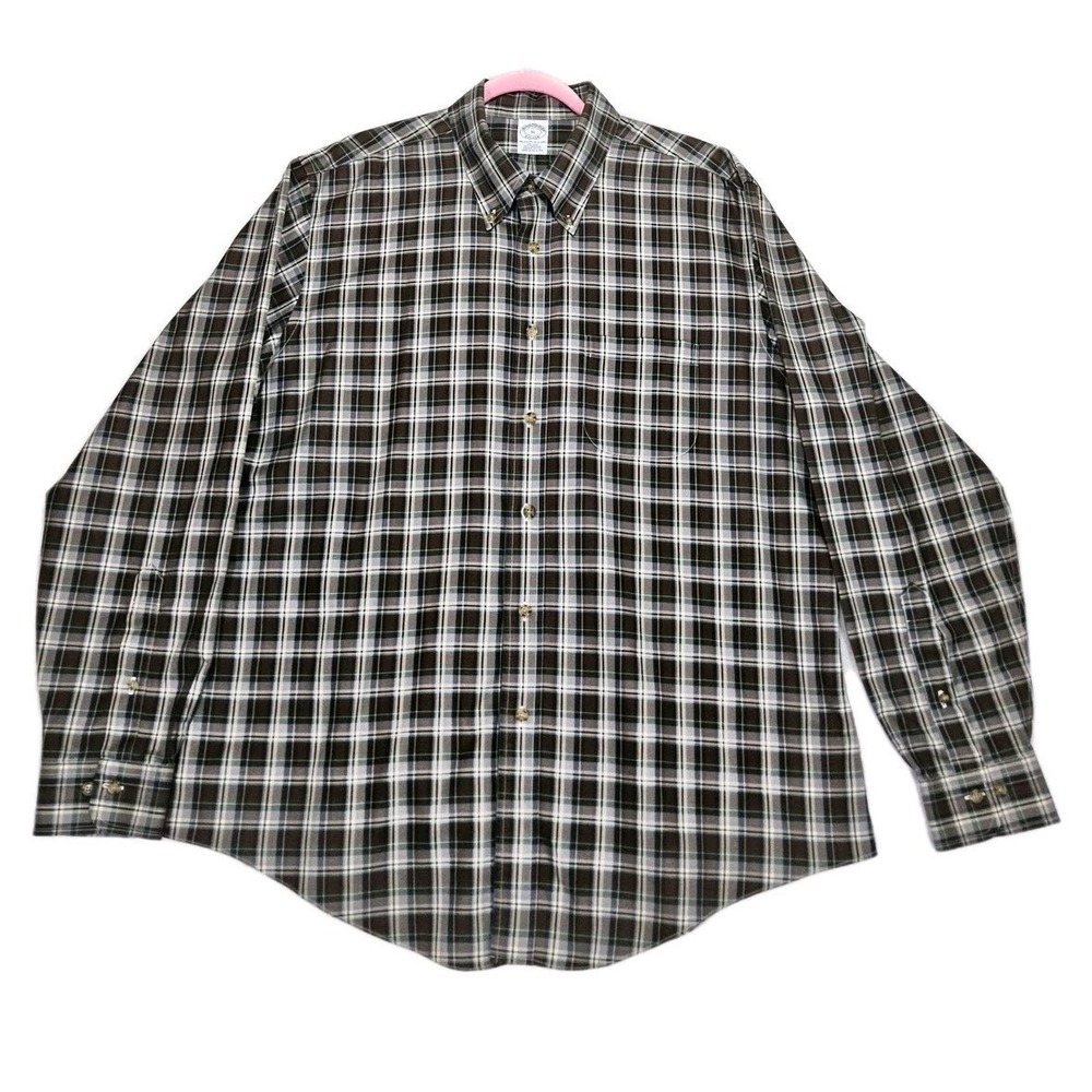 Brooks Brothers 346 Shirt Mens XL Button The Original Polo Plaid Non-Iron Brown